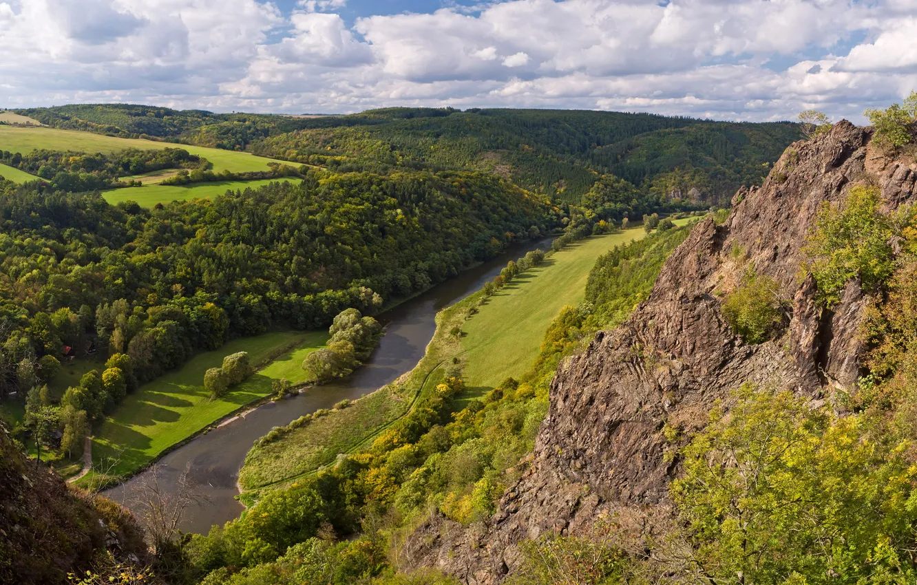 Photo wallpaper forest, landscape, nature, river, photo, rocks, Czech Republic, Karlova Ves