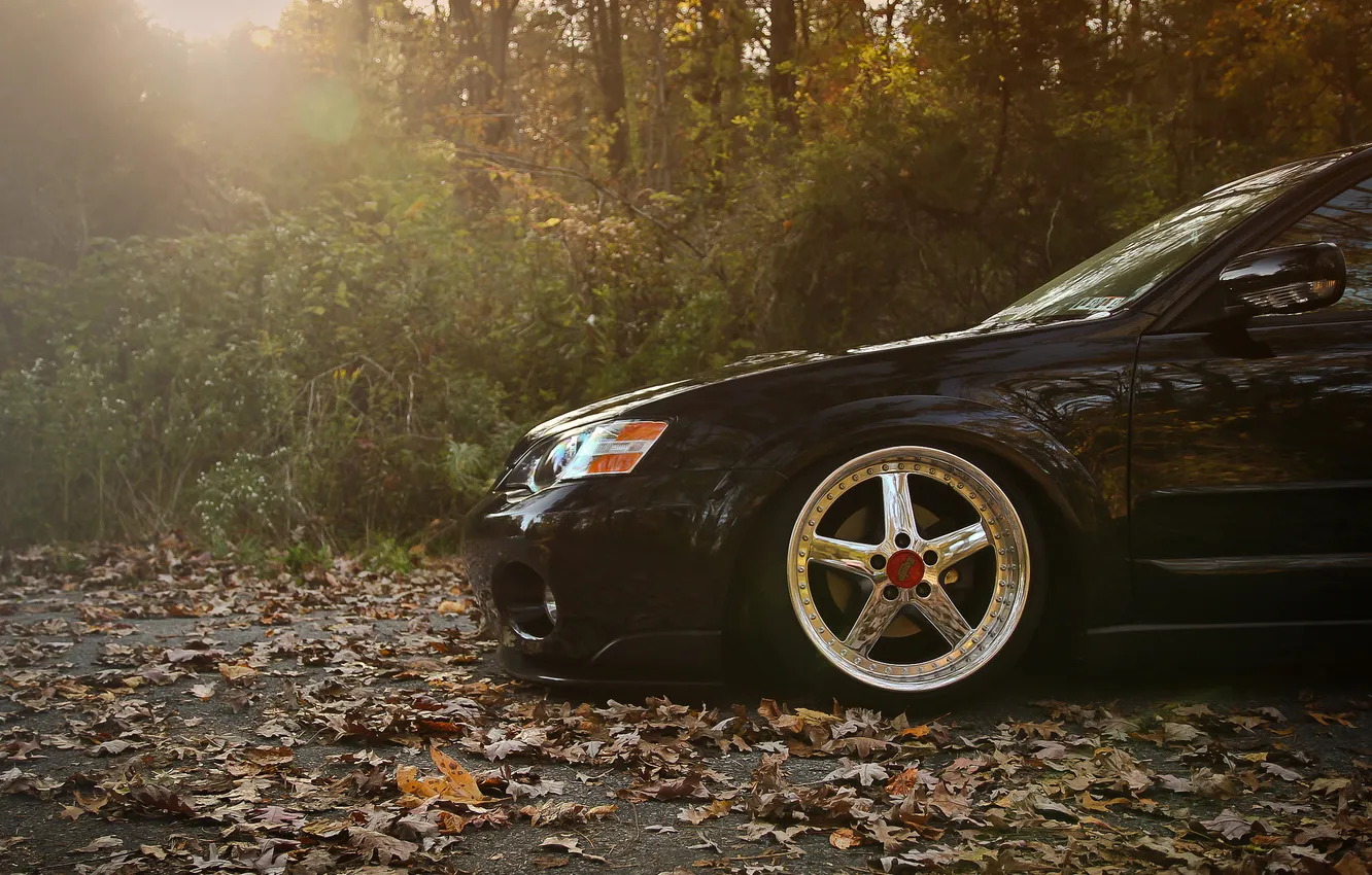 Photo wallpaper autumn, Subaru, black, Subaru, stance, Outback