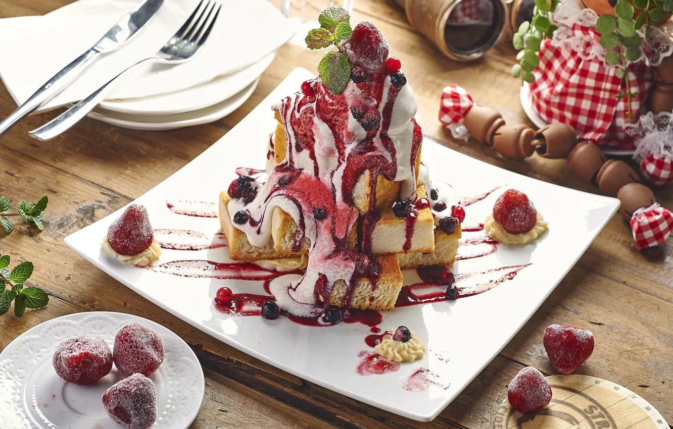 Photo wallpaper berries, cream, dessert, jam, biscuit