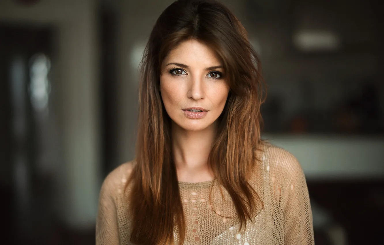 Photo wallpaper girl, face, model, portrait, brown hair, beauty, bokeh, sweet