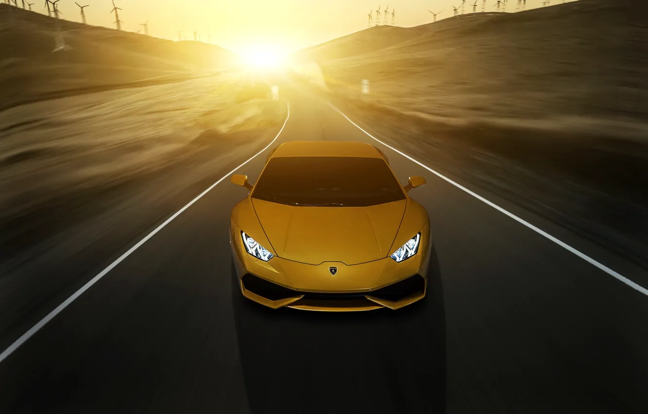 Photo wallpaper Lamborghini, yellow, sunset, front, LP 610-4, Huracan, LB724