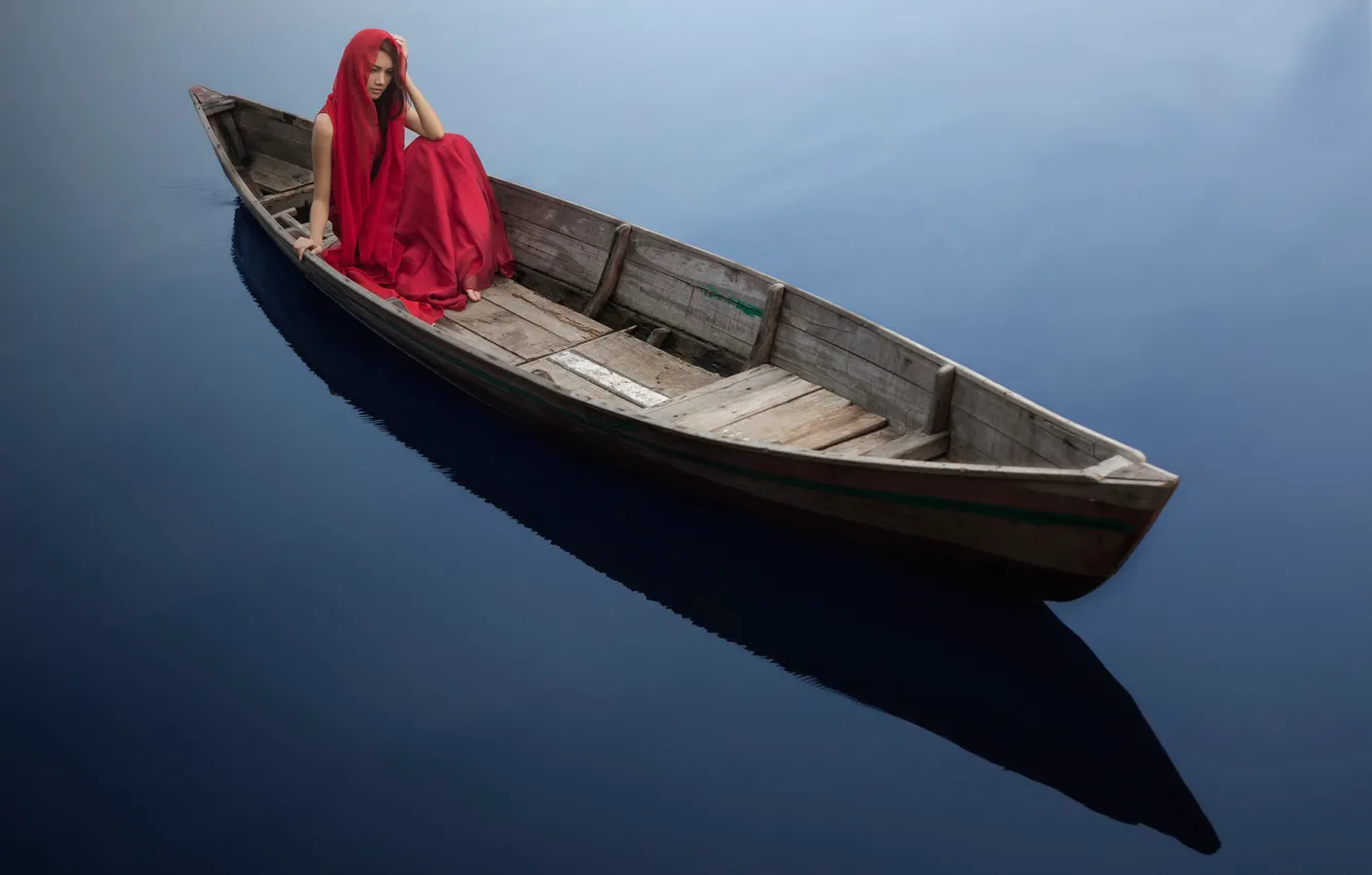 Photo wallpaper girl, boat, water surface