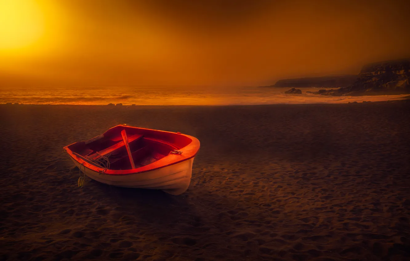 Photo wallpaper sand, sea, shore, boat
