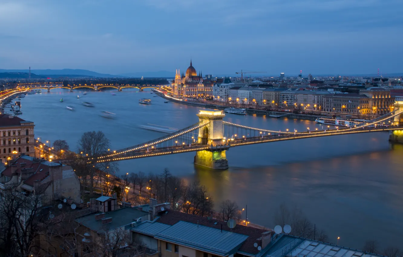 Photo wallpaper night, bridge, panorama, Parliament, Hungary, Budapest, The Danube