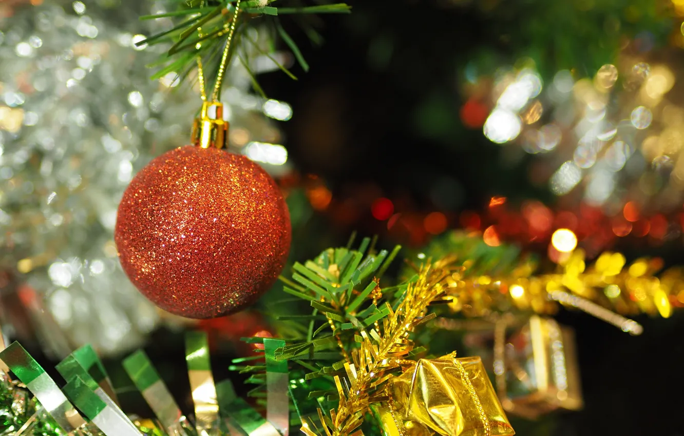 Photo wallpaper decoration, holiday, toy, new year, ball, tree, tinsel