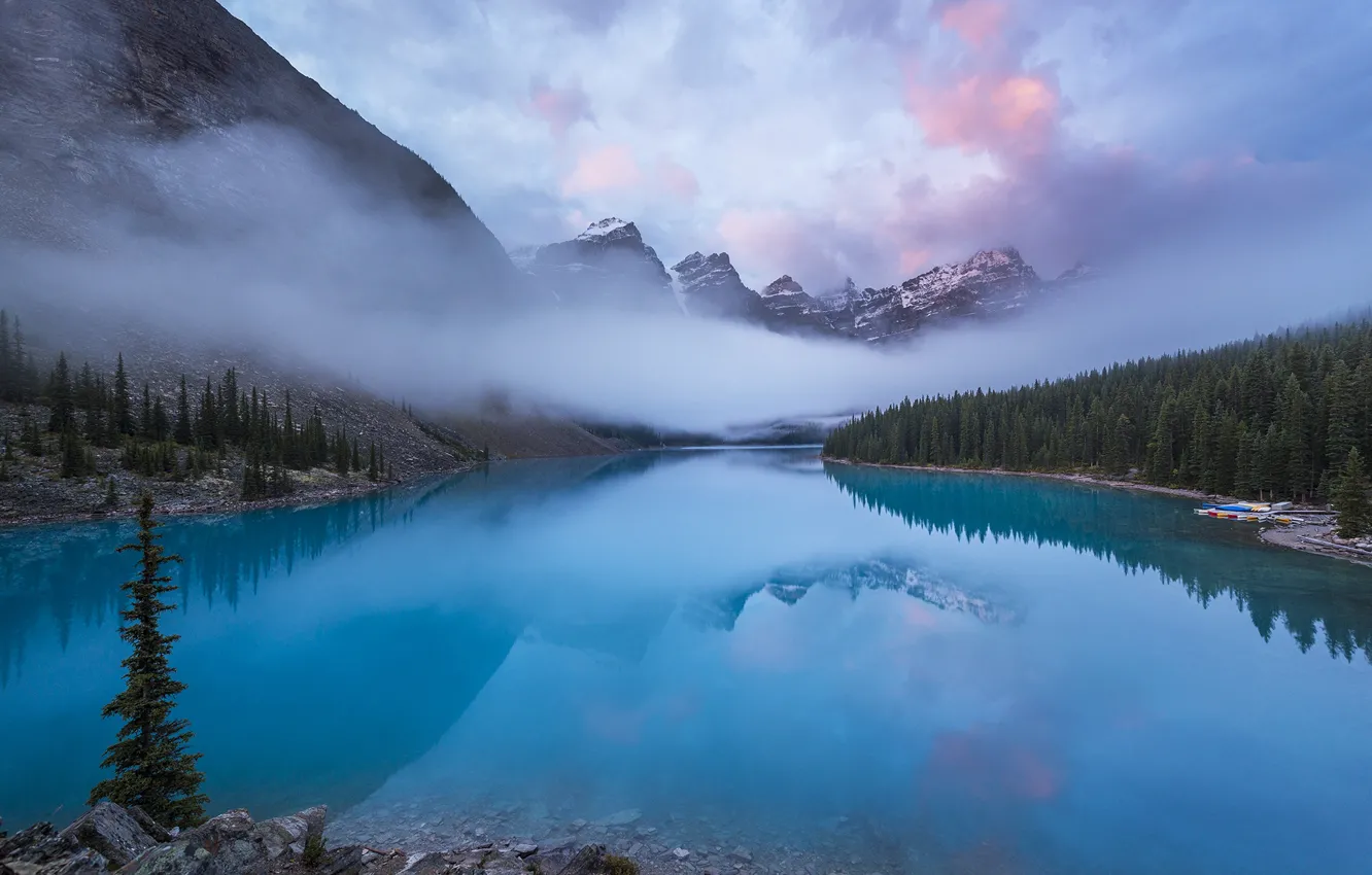 Photo wallpaper forest, clouds, nature, fog, lake, morning, Canada, Rocky mountains
