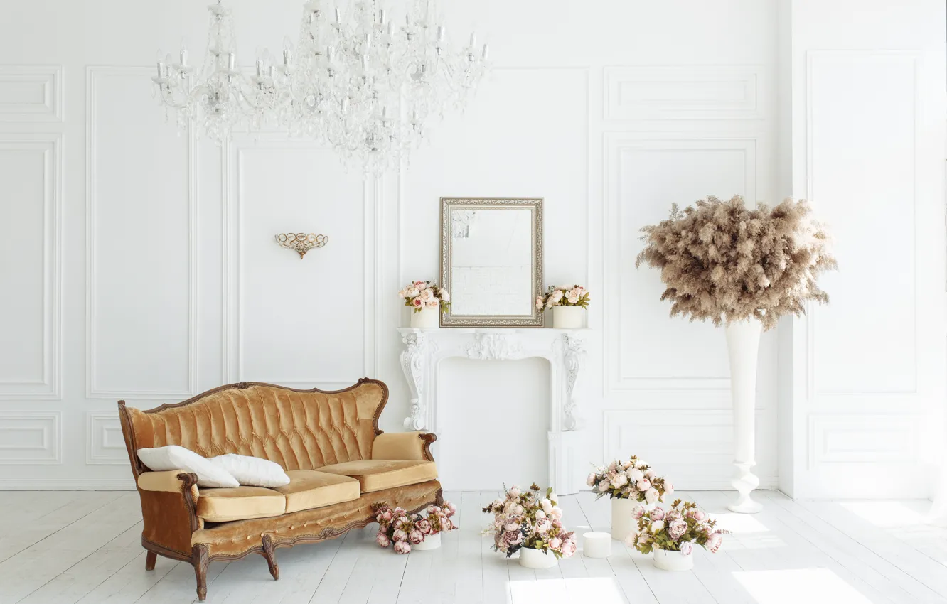 Photo wallpaper flowers, room, sofa, fireplace, vintage, design, pink, flowers