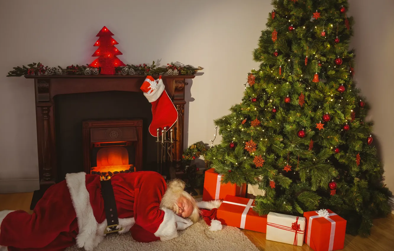 Photo wallpaper decoration, tree, New Year, Christmas, gifts, Santa Claus, happy, Santa Claus