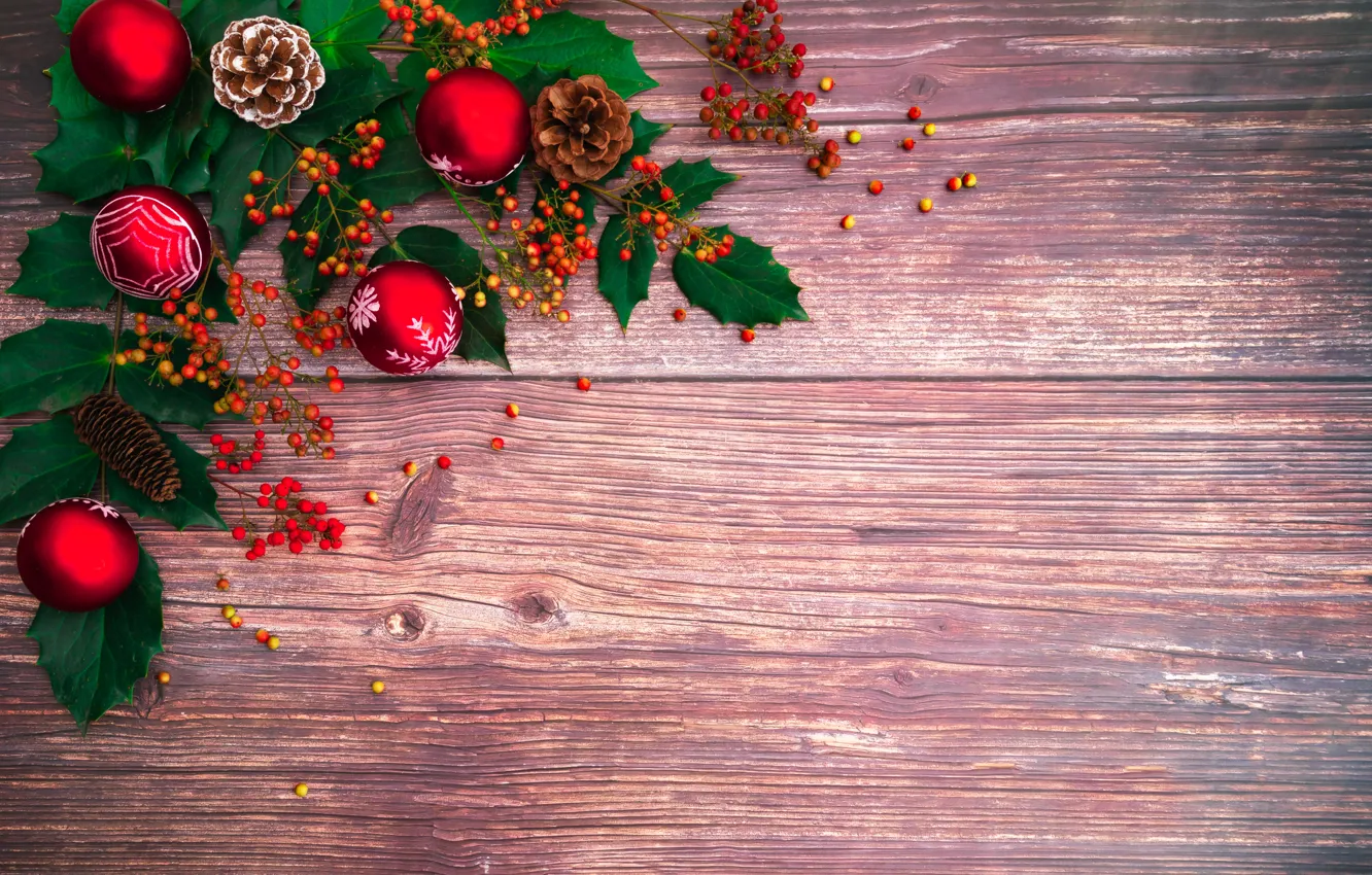 Photo wallpaper decoration, berries, balls, new year, Christmas, Christmas, balls, wood