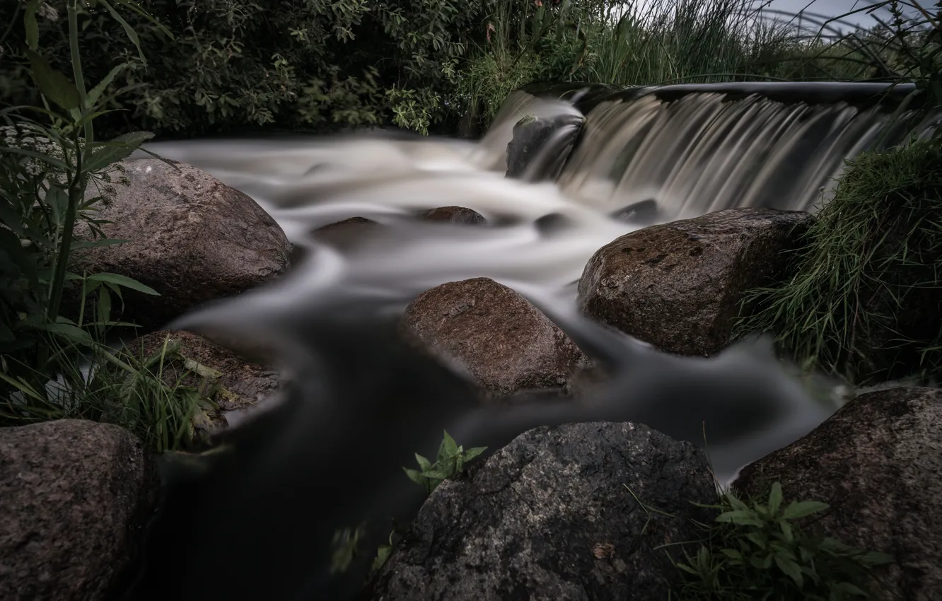 Photo wallpaper stones, vegetation, waterfall