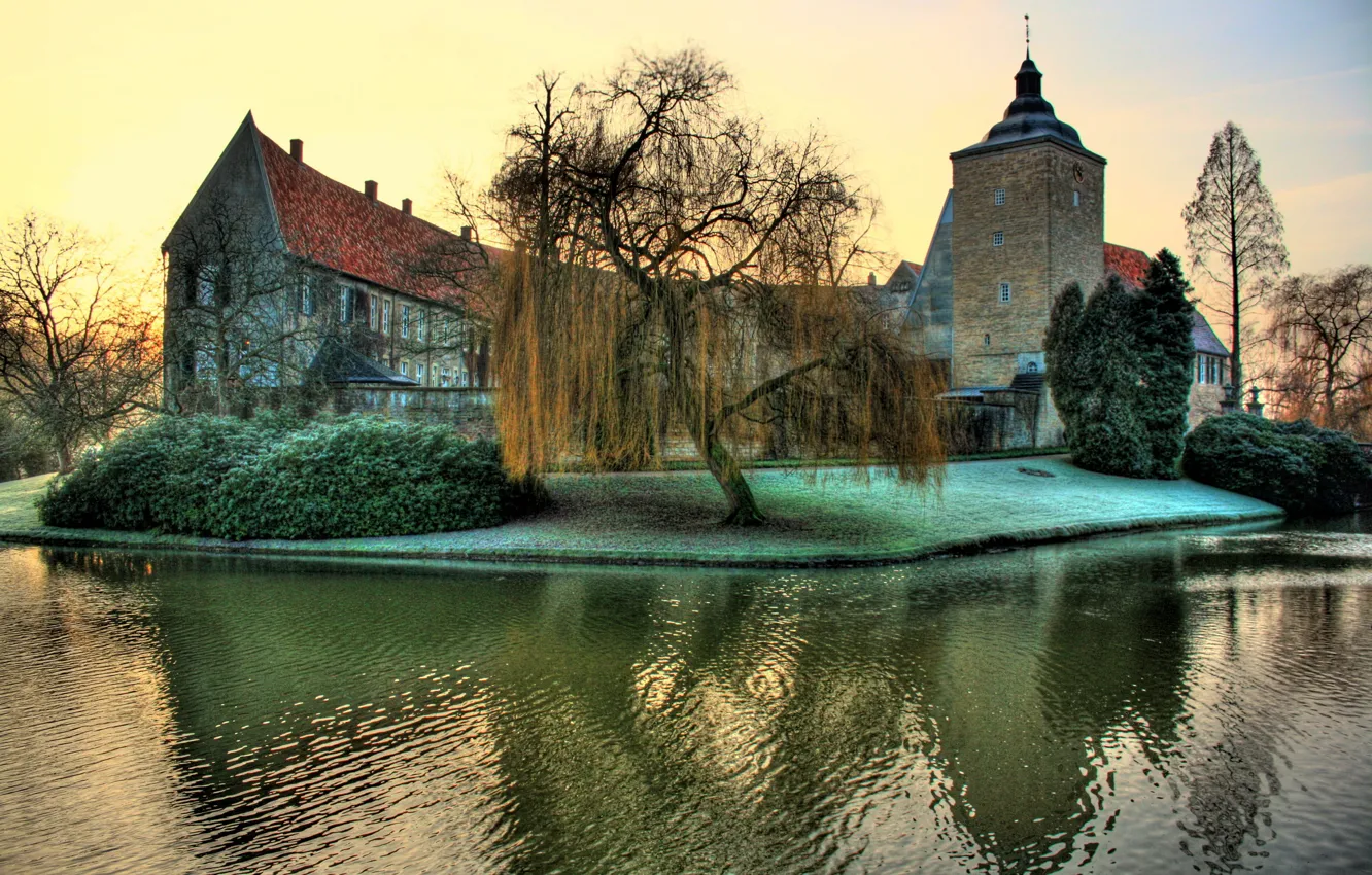 Photo wallpaper greens, river, castle, Germany, fortress, the bushes, Steinfurt
