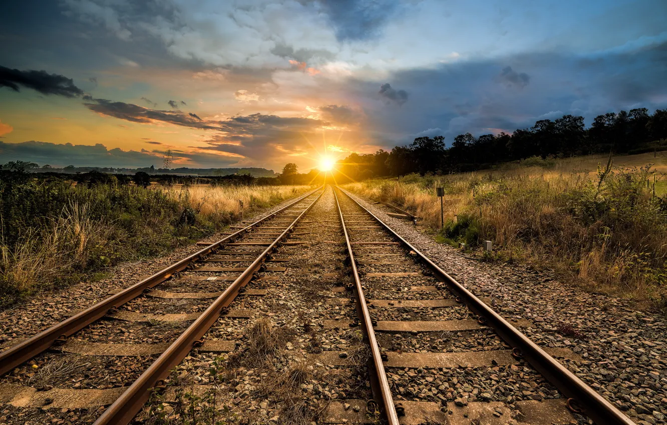Photo wallpaper landscape, perspective, railroad