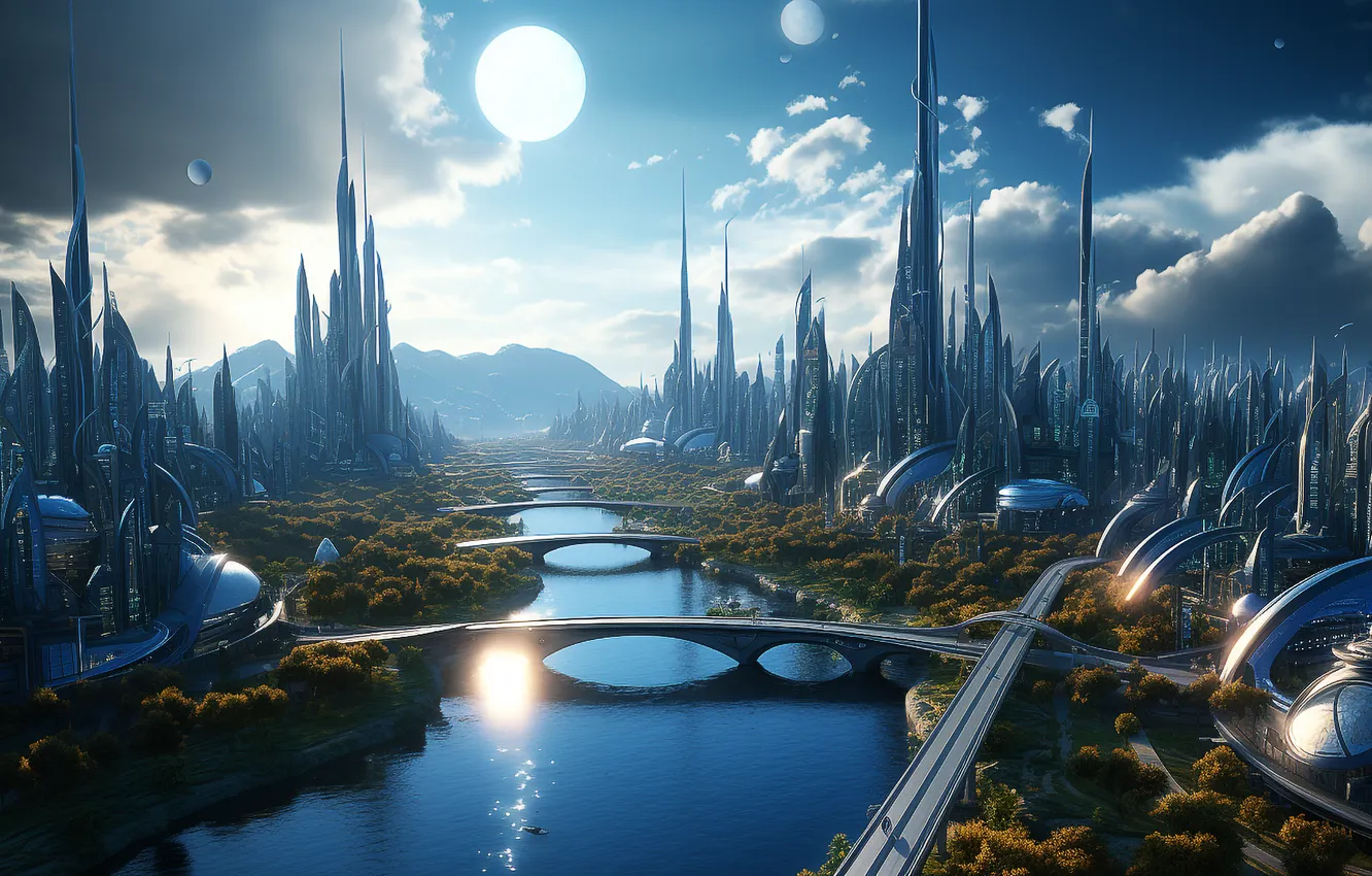 Photo wallpaper city, moon, river, sky, landscape, bridge, water, skyscraper