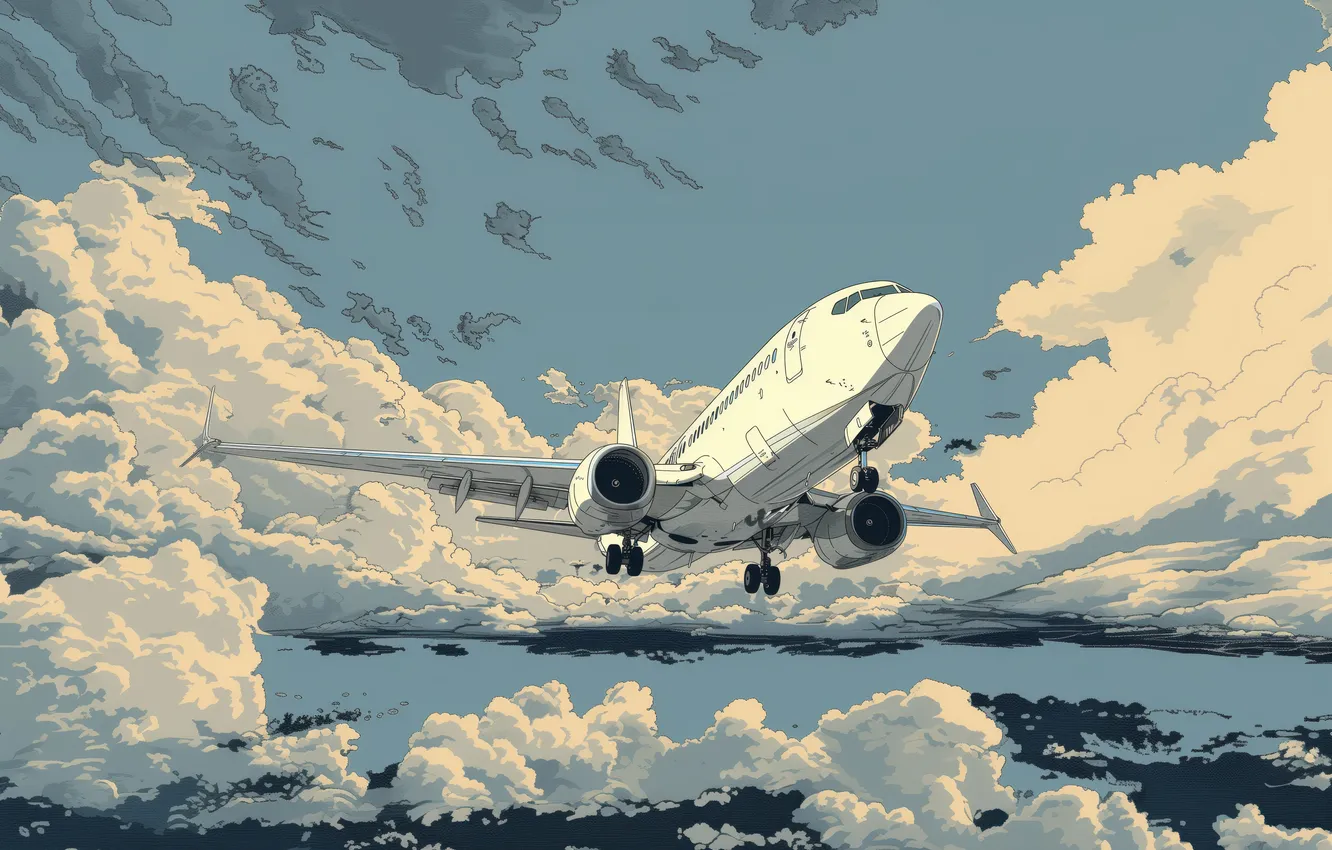 Photo wallpaper clouds, art, the plane, liner, the rise