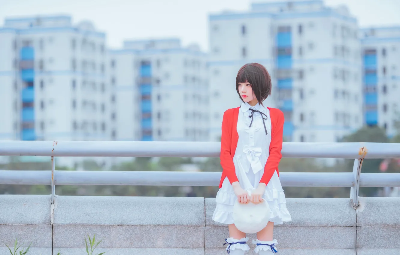 Photo wallpaper bridge, pose, home, brunette, Asian, white dress