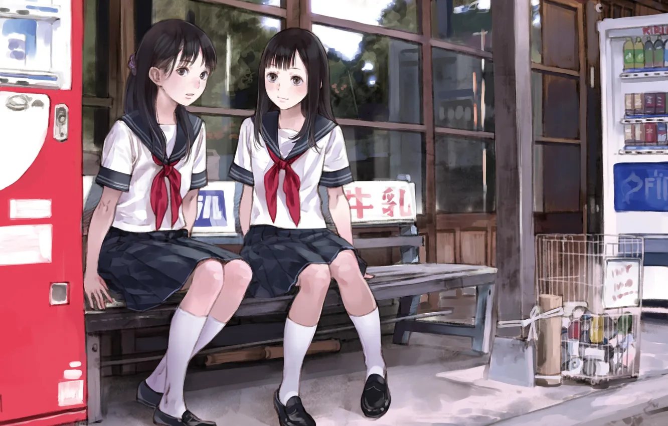 Photo wallpaper girl, bench, anime, art, form, drink, schoolgirl, kishida mel