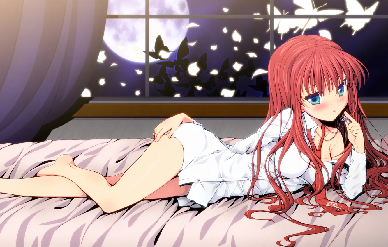 Photo wallpaper girl, the moon, butterfly, bed, lies, shirt, art, embarrassment