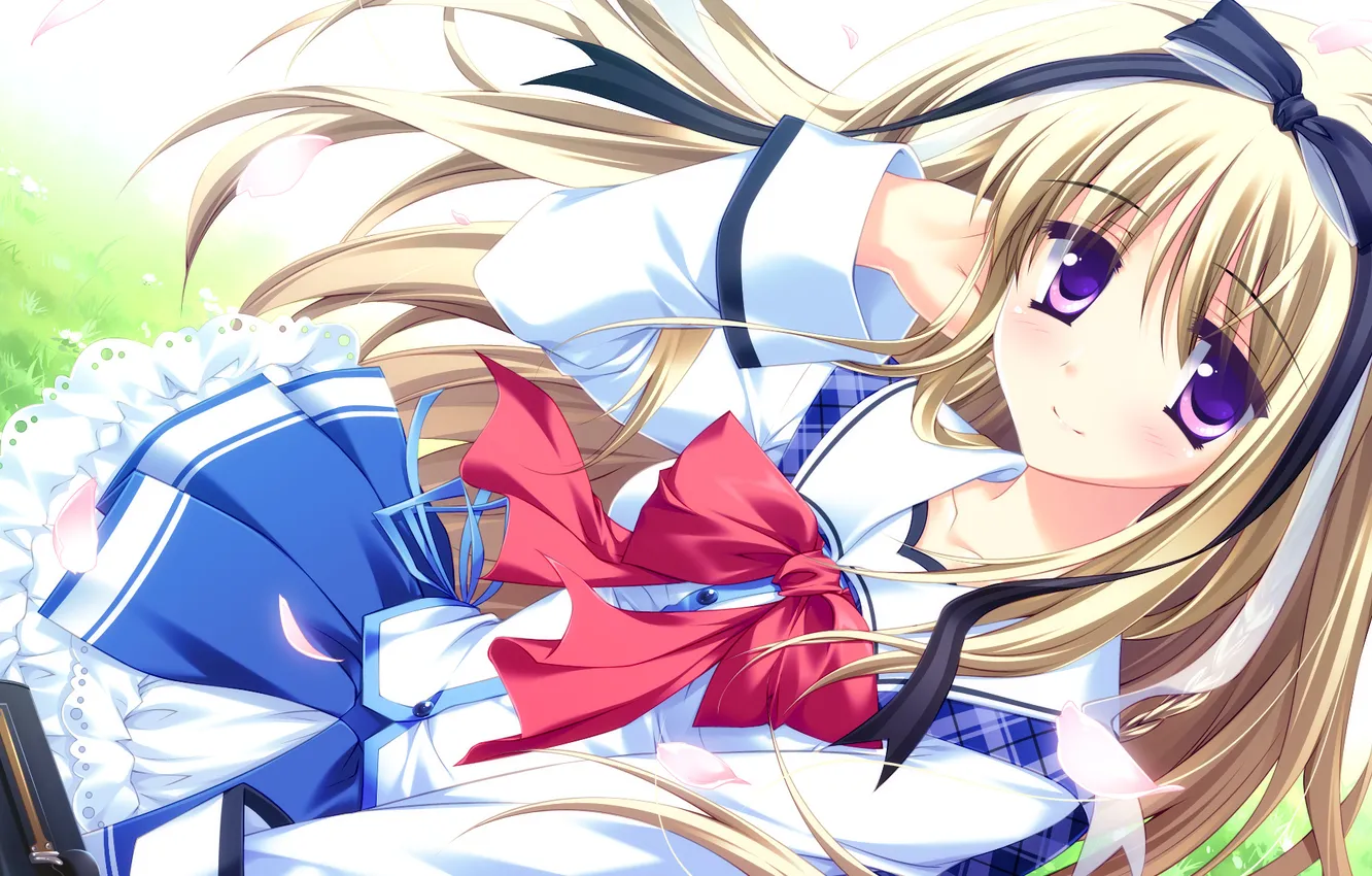 Photo wallpaper look, girl, smile, cherry blossoms