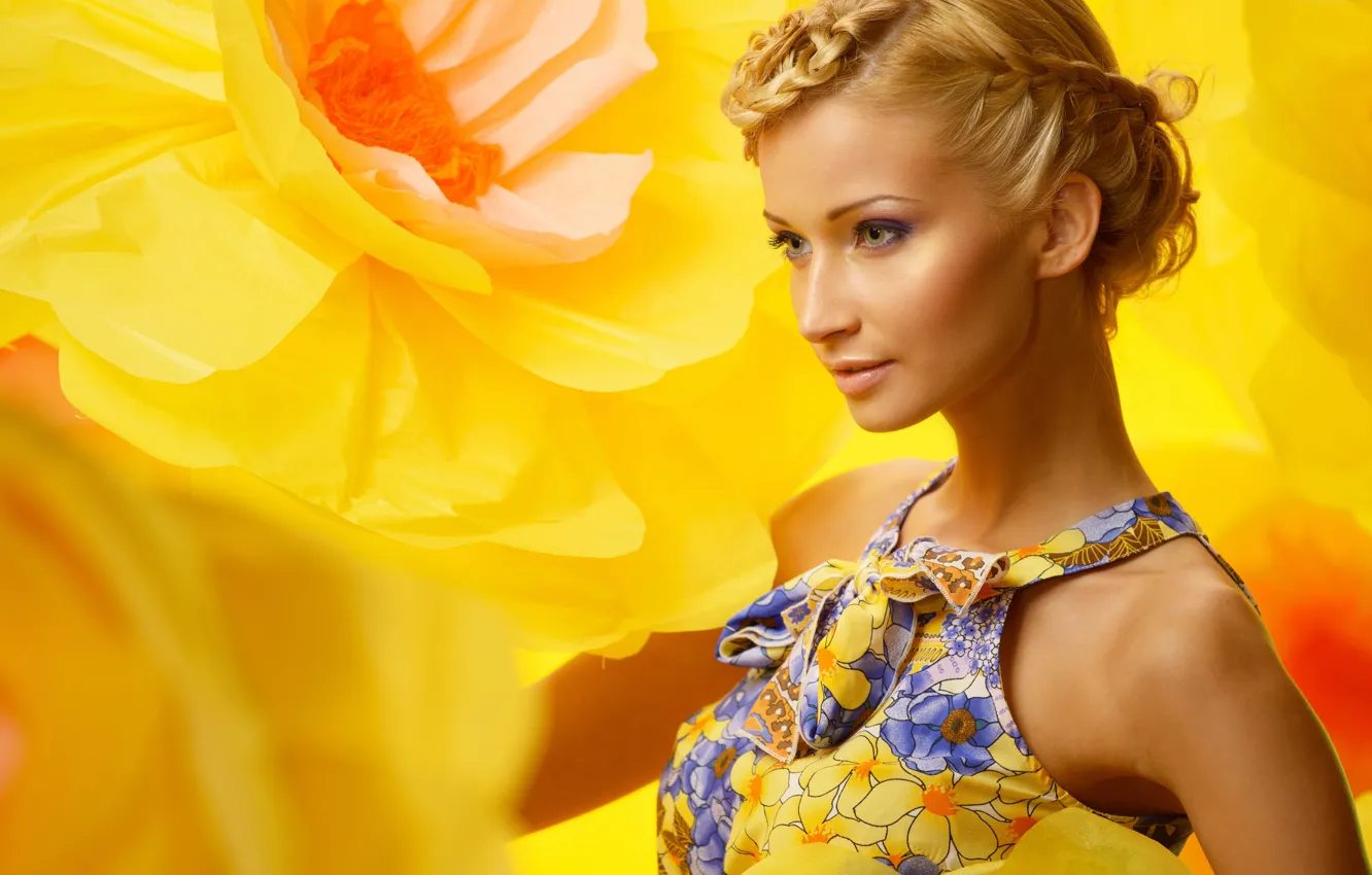 Photo wallpaper flowers, yellow, background, portrait, makeup, dress, hairstyle, blonde