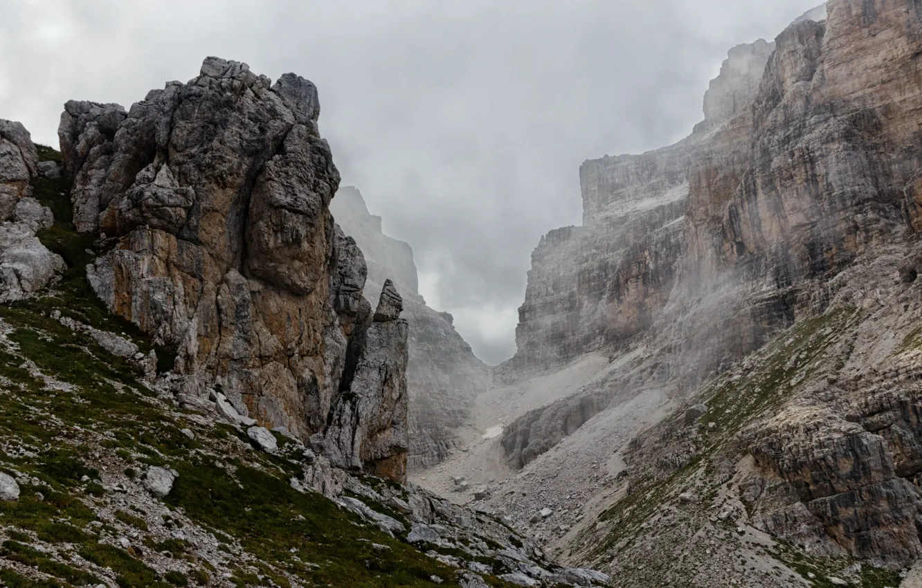 Photo wallpaper the sky, clouds, mountains, clouds, nature, fog, stones, overcast