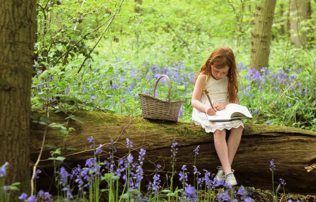 Photo wallpaper forest, flowers, girl