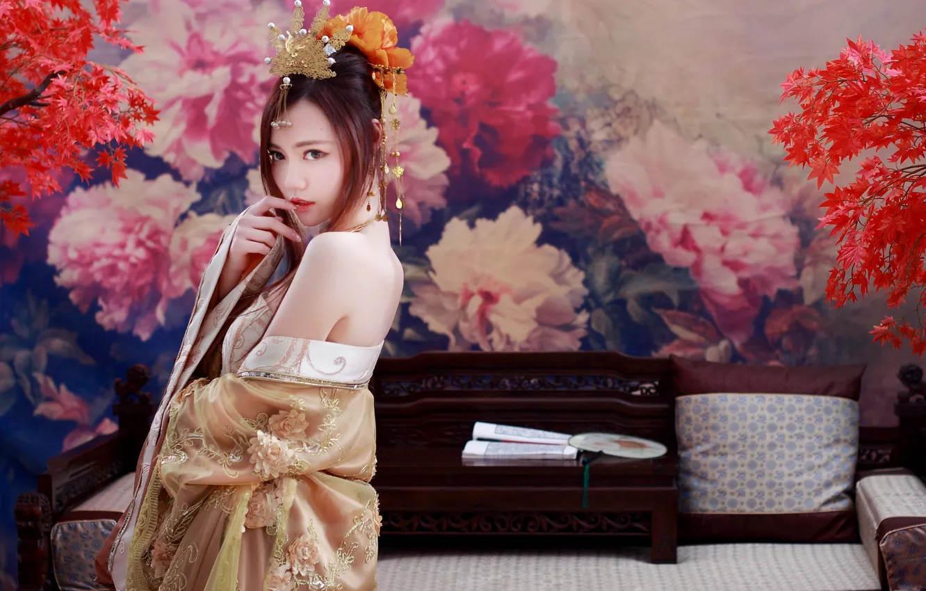 Photo wallpaper look, girl, decoration, Asian