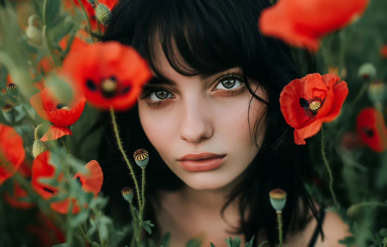 Photo wallpaper summer, look, girl, flowers, red, face, Maki, portrait
