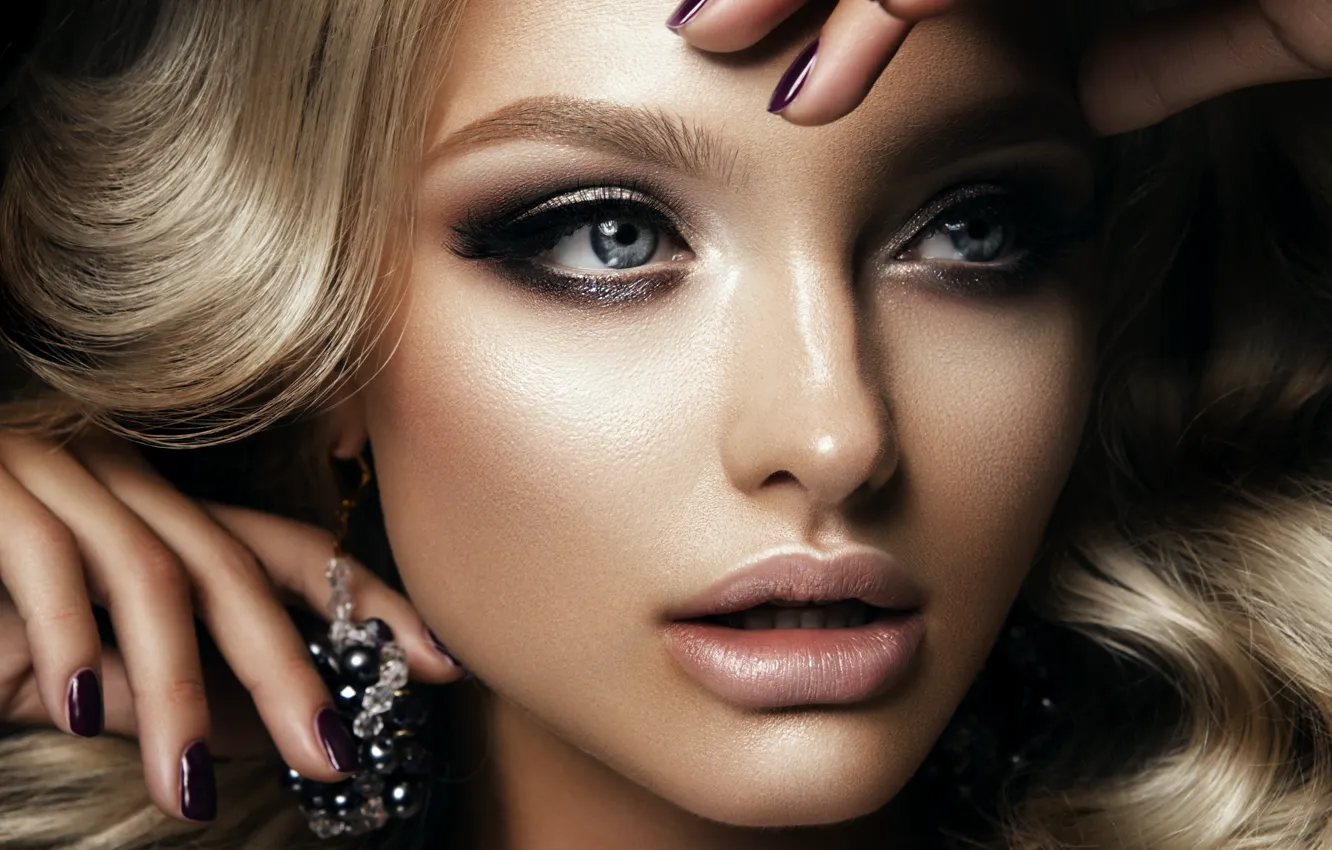 Photo wallpaper look, girl, face, eyelashes, model, hair, hands, makeup