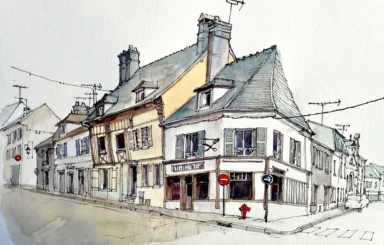 Photo wallpaper the city, street, figure, home, watercolor, crossroads