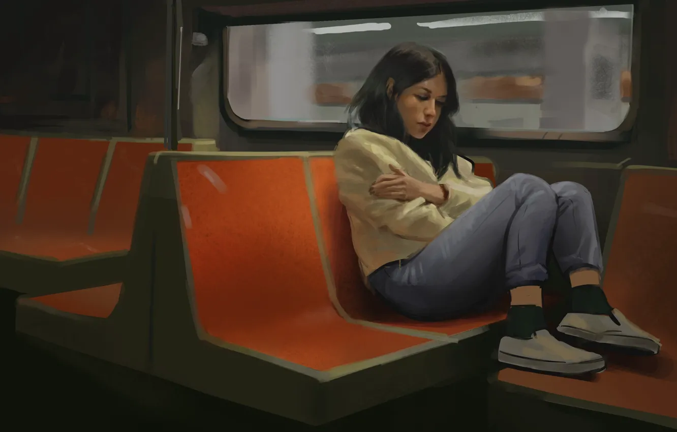 Photo wallpaper girl, loneliness, shoes, jeans, brunette, the car, train, chairs
