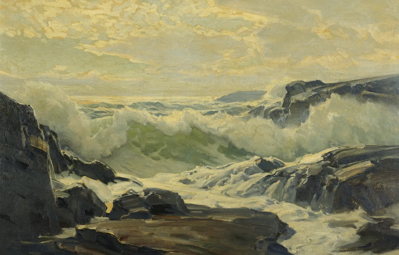Photo wallpaper sea, wave, foam, rocks, reefs, Frederick Judd Waugh