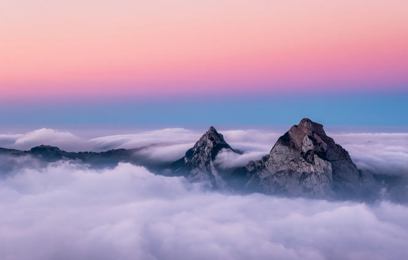 Photo wallpaper clouds, sunset, mountains, sunrise, rocks