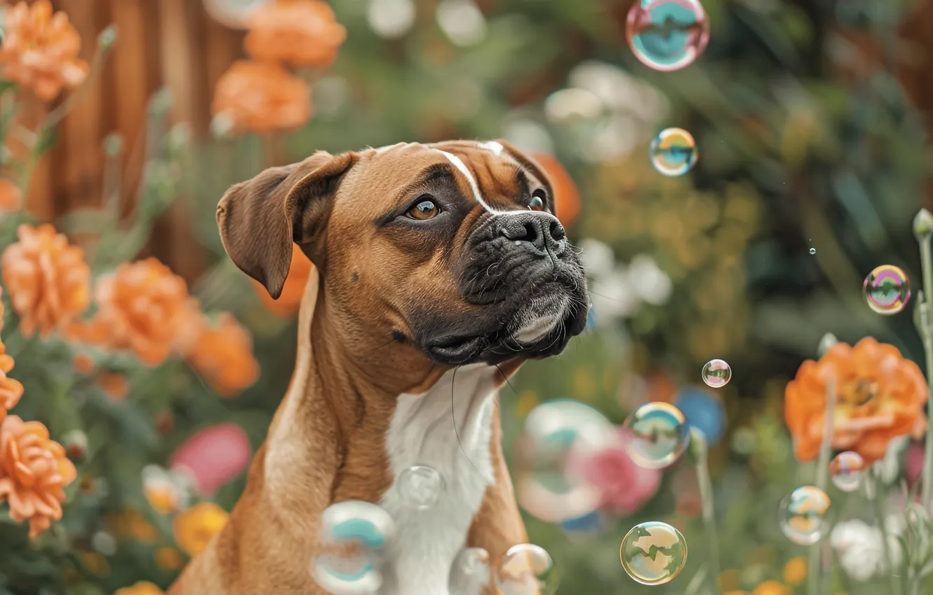 Photo wallpaper summer, look, flowers, portrait, dog, garden, bubbles, bulldog