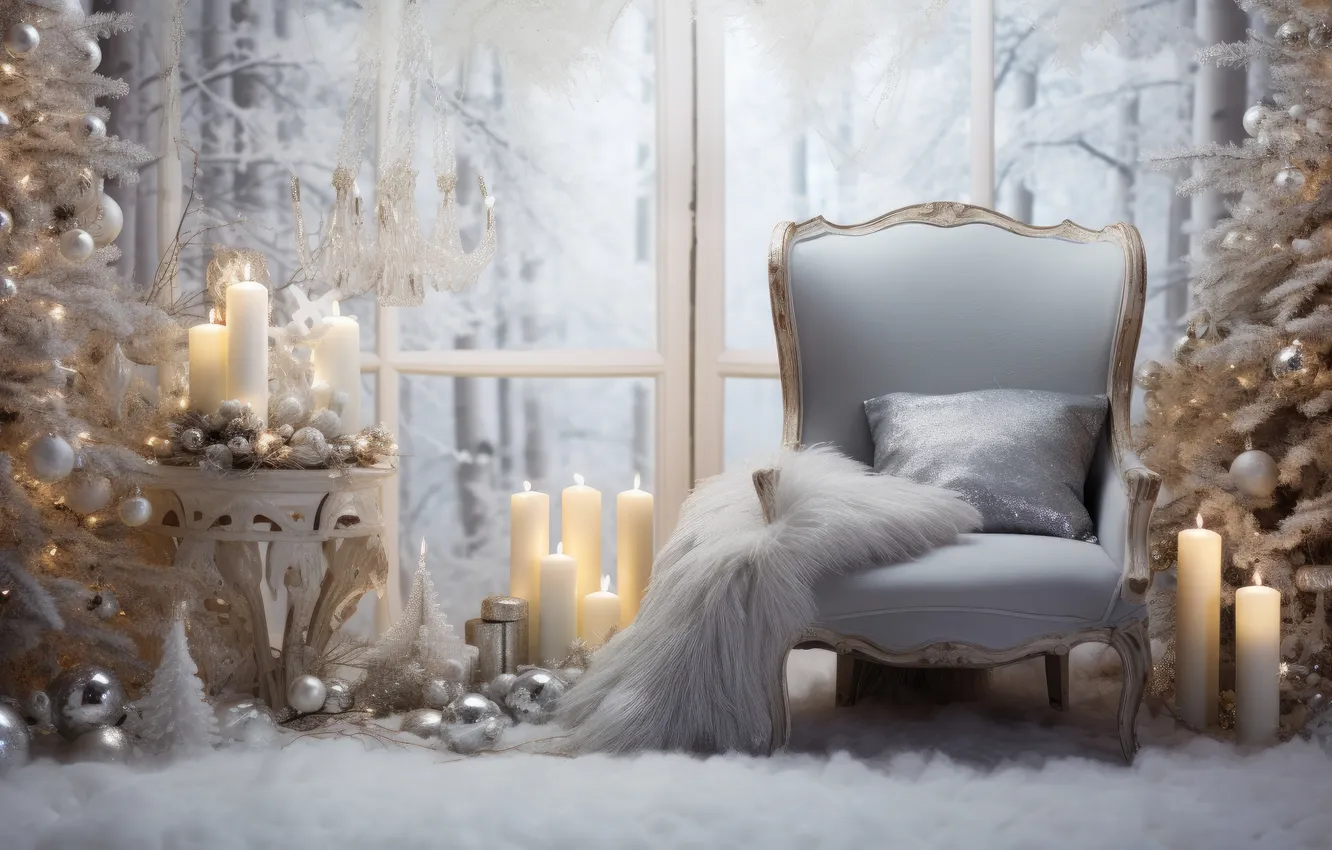 Photo wallpaper winter, frost, snow, decoration, room, tree, new year, interior