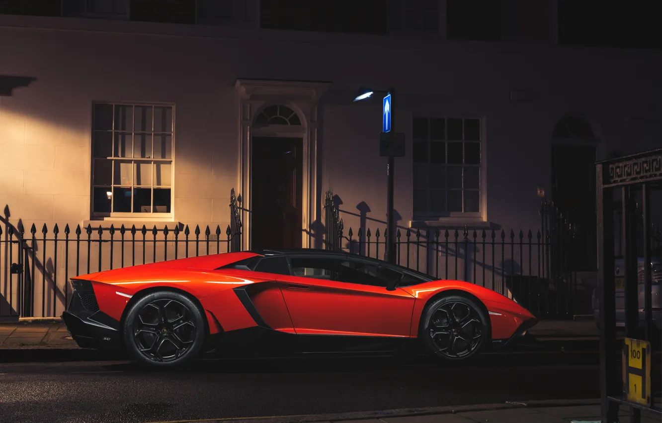 Photo wallpaper asphalt, night, house, index, facade, Lamborghini Aventador