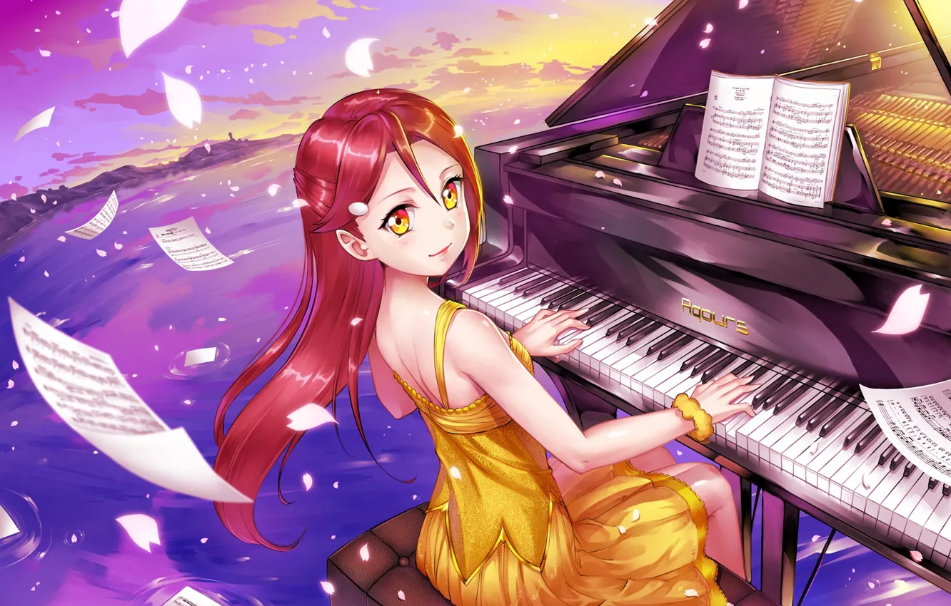 Photo wallpaper girl, sunset, nature, piano, Love Live!, sheets of paper