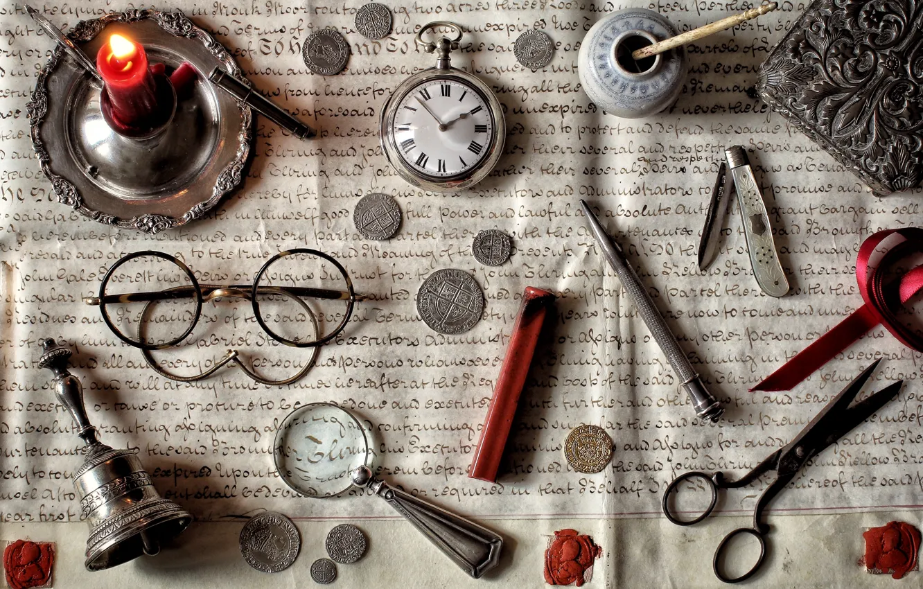 Photo wallpaper letter, watch, candles, glasses, coins, knife, still life, magnifier