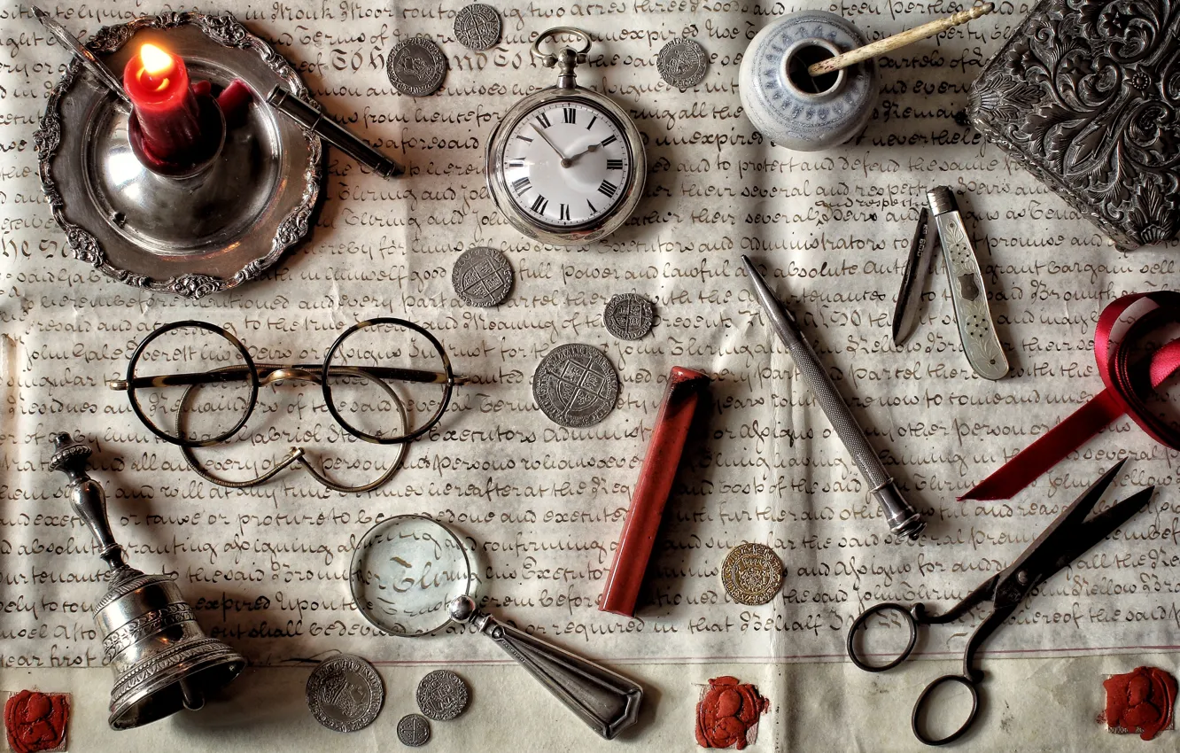 Photo wallpaper letter, watch, candle, glasses, coins, knife, still life, magnifier