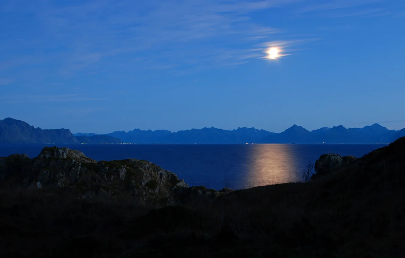 Photo wallpaper the sky, mountains, night, lake, the moon