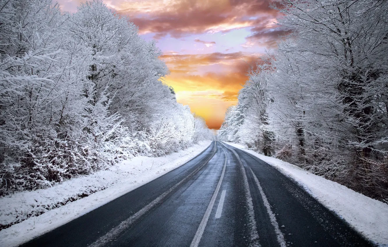Photo wallpaper winter, road, forest, the sky, asphalt, clouds, snow, trees