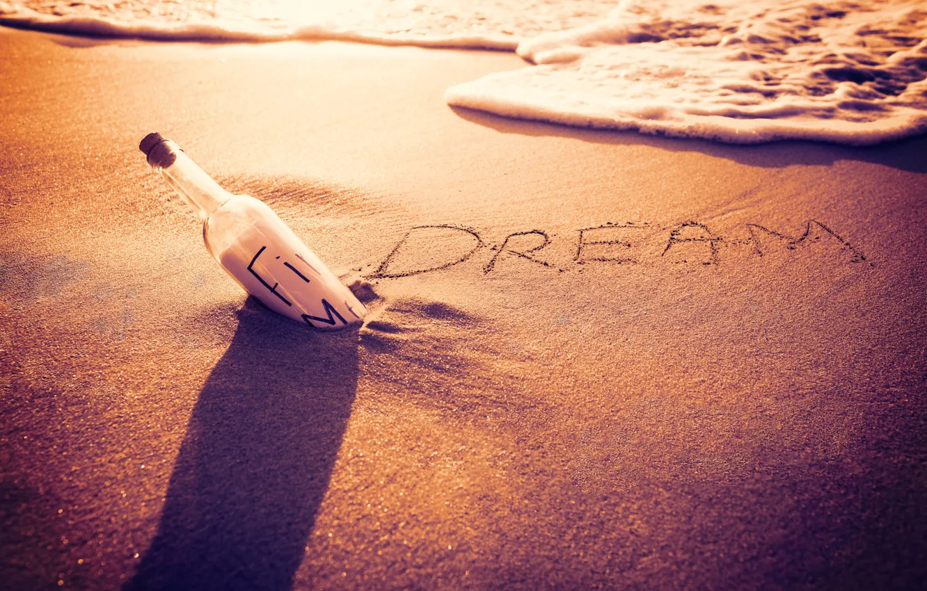 Photo wallpaper sand, beach, dream, beach, sunset, sand, bottle