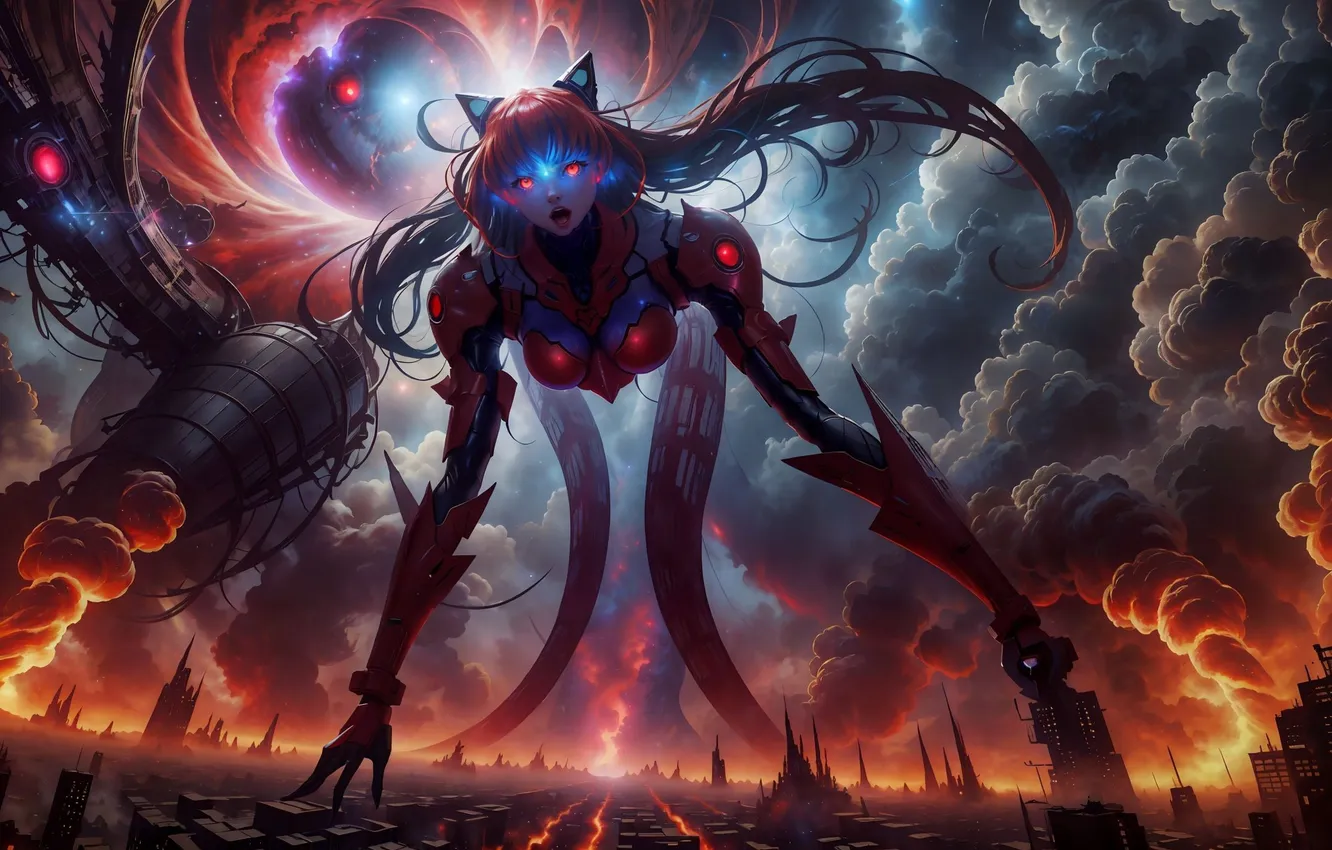 Photo wallpaper clouds, smoke, anime, ruins, Evangelion, Surah