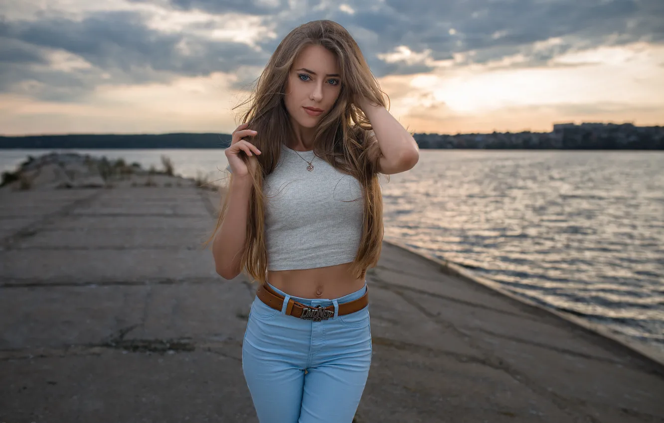 Photo wallpaper girl, landscape, sunset, river, portrait, jeans, makeup, Mike