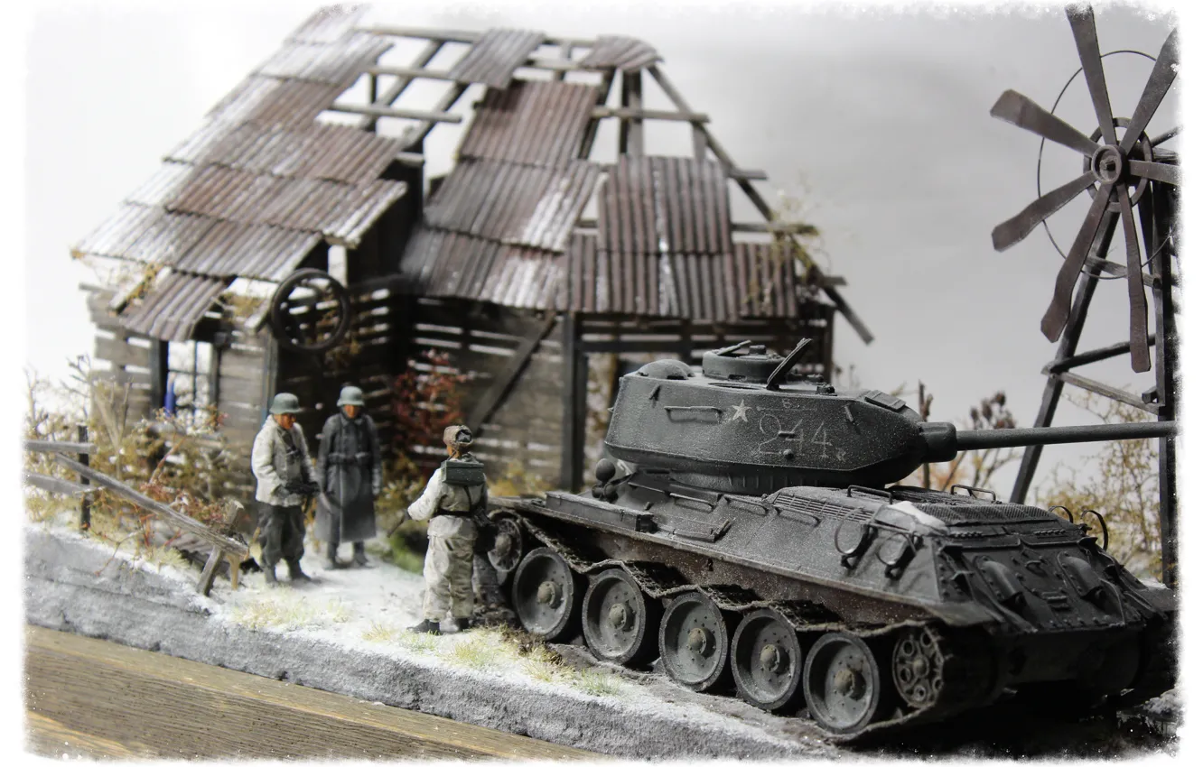 Photo wallpaper toy, the ruins, soldiers, model, T-34/85, East Prussia