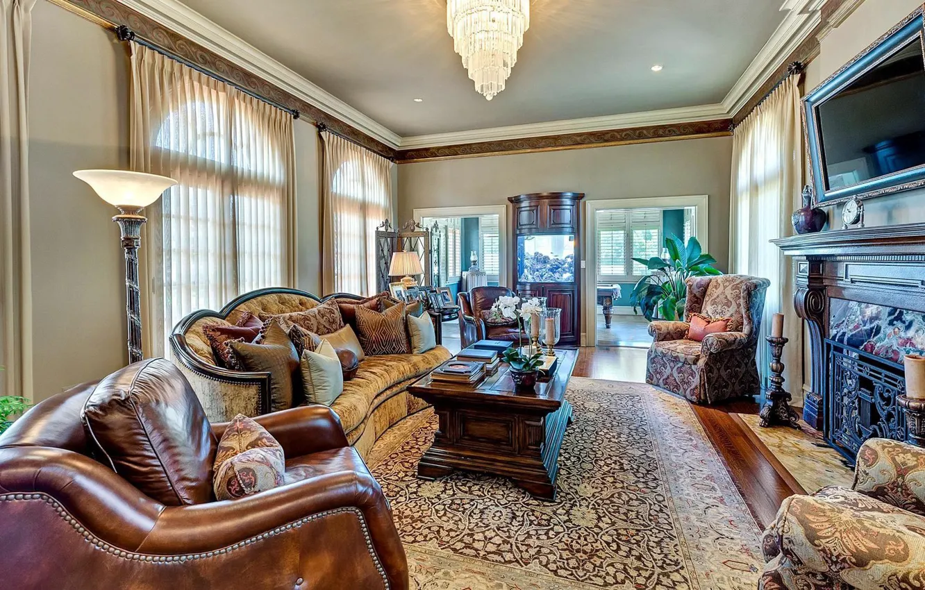 Photo wallpaper interior, living room, colonial style, fireplace, Texas, design