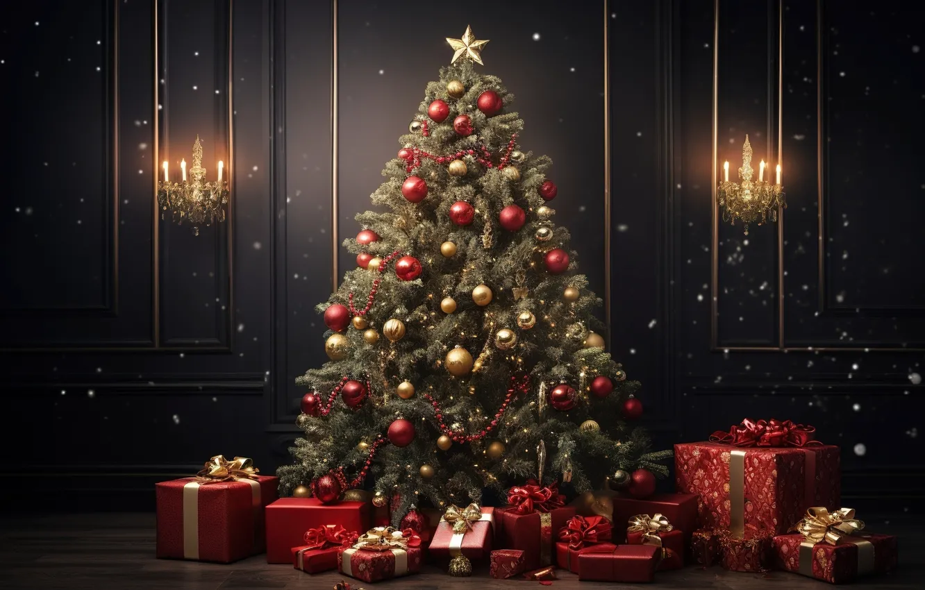 Photo wallpaper decoration, room, balls, tree, New Year, Christmas, gifts, new year