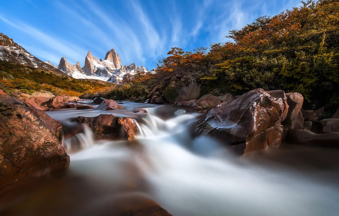 Photo wallpaper river, stones, stream, South America, Patagonia, the Andes mountains