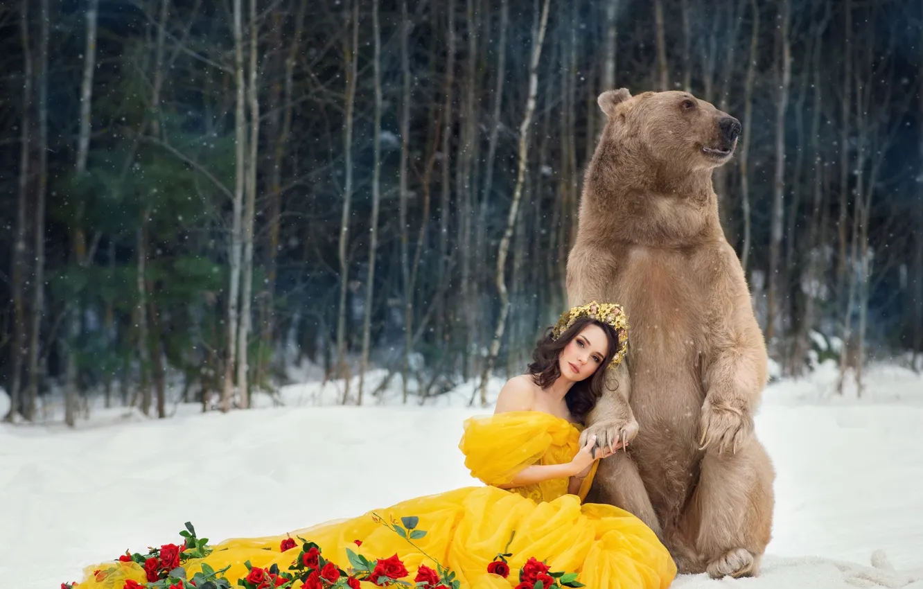 Photo wallpaper winter, forest, look, girl, snow, nature, pose, bear