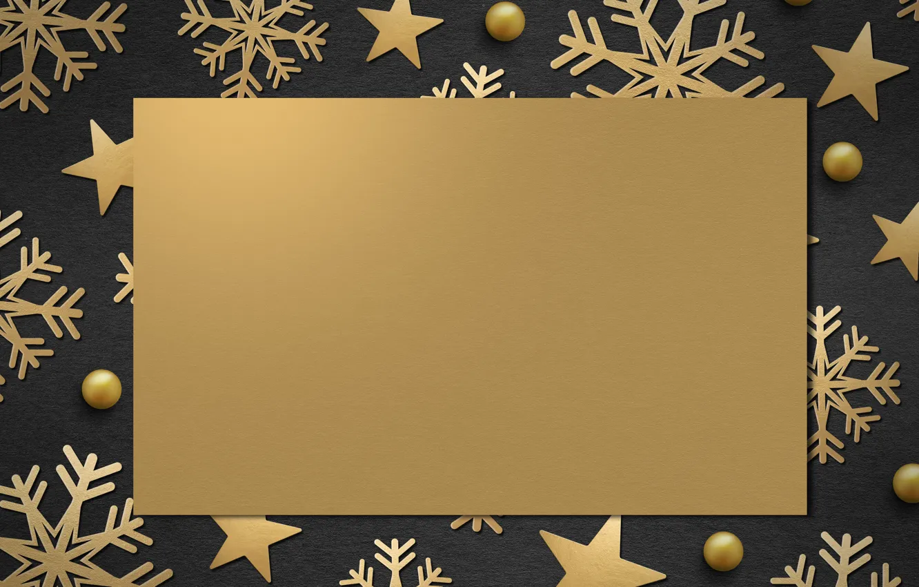 Photo wallpaper winter, snowflakes, frame, golden, black background, black, Christmas, winter