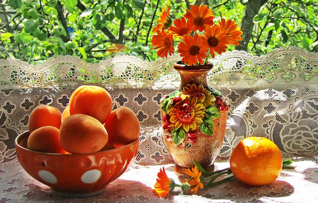 Photo wallpaper flowers, orange, vase, still life, apricots